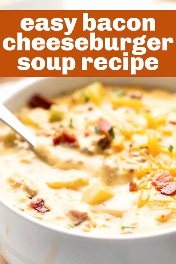 Close up view of cheeseburger soup in a bowl.