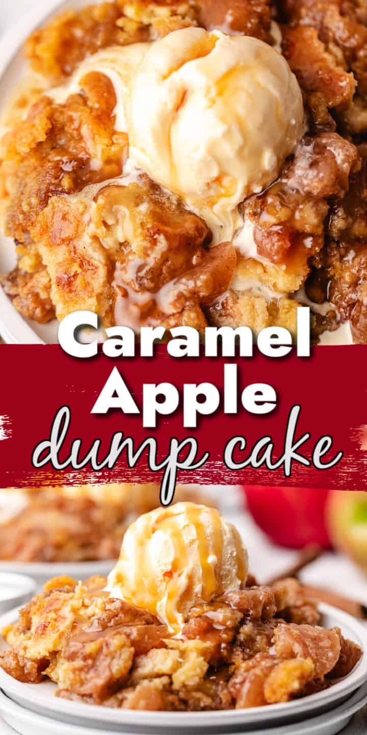 Two photos of apple caramel dump cake with ice cream in a collage.
