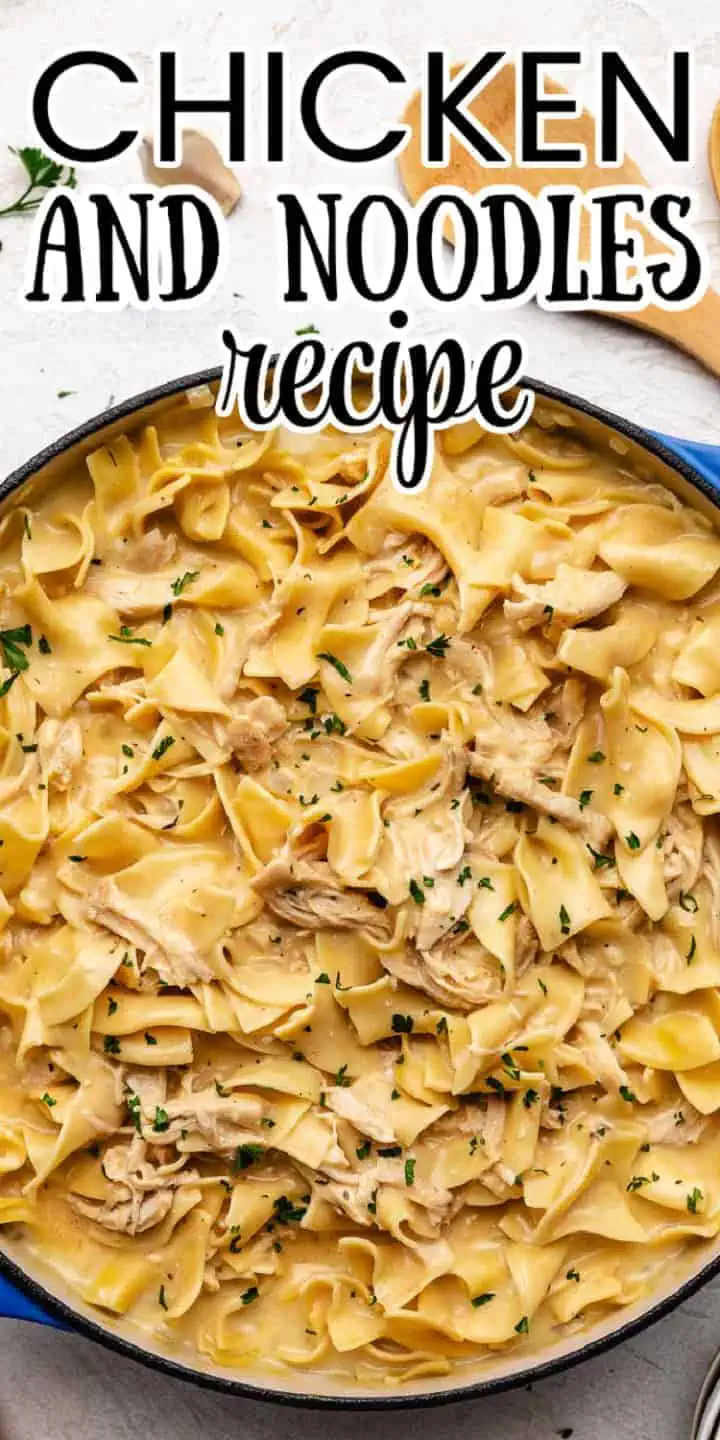 Top down view of a pan of egg noodles and chicken.