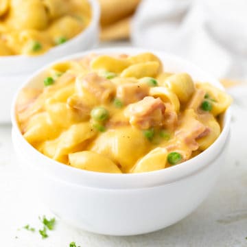 Close up view of a bowl of mac and cheese.