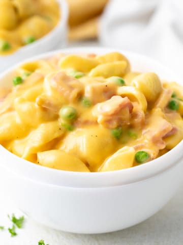 Close up view of a bowl of mac and cheese.