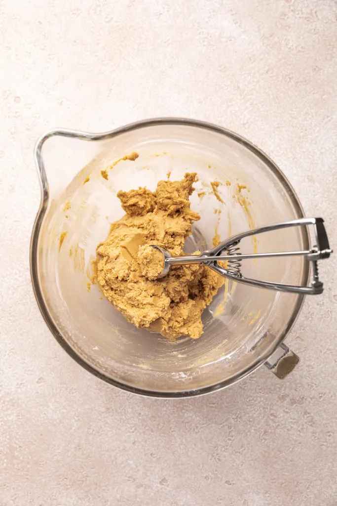 Cookie scoop in a bowl of cookie dough.