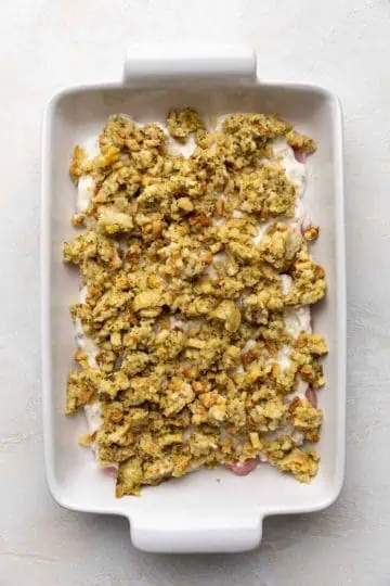 Seasoned stuffing spooned over pork chops and soup.