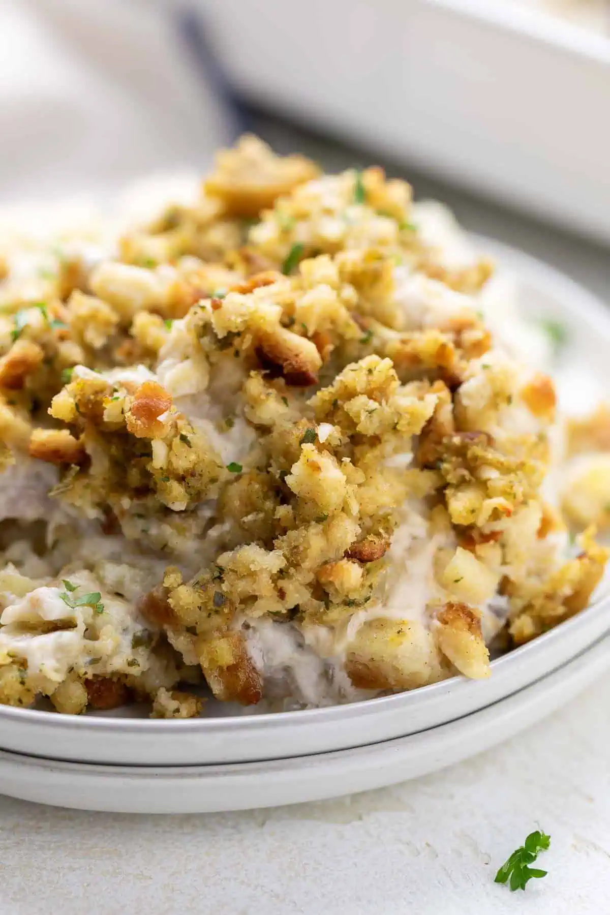 Side view of stuffing and pork chops with potatoes.