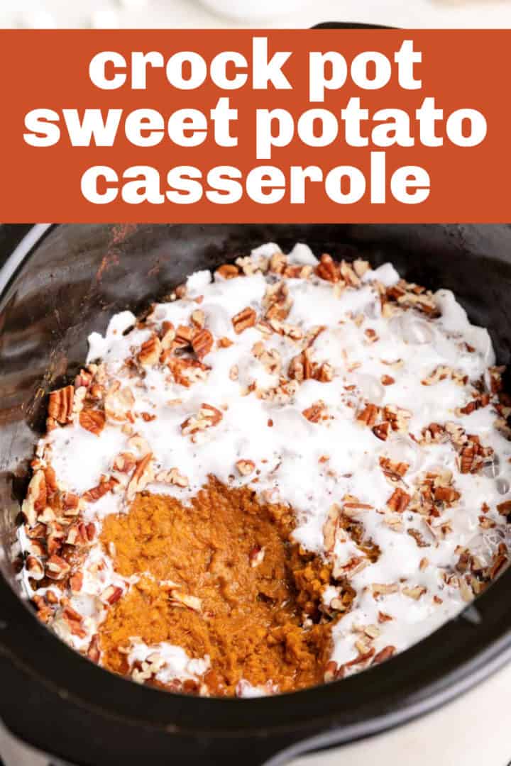 Close up view of sweet potato casserole in a slow cooker.
