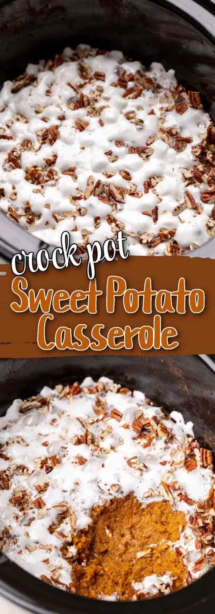 Two photos of sweet potato casserole in a collage.