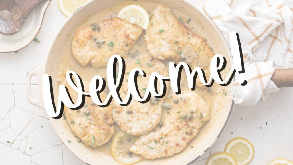 Top down view of a pan of chicken piccata with text overlay.