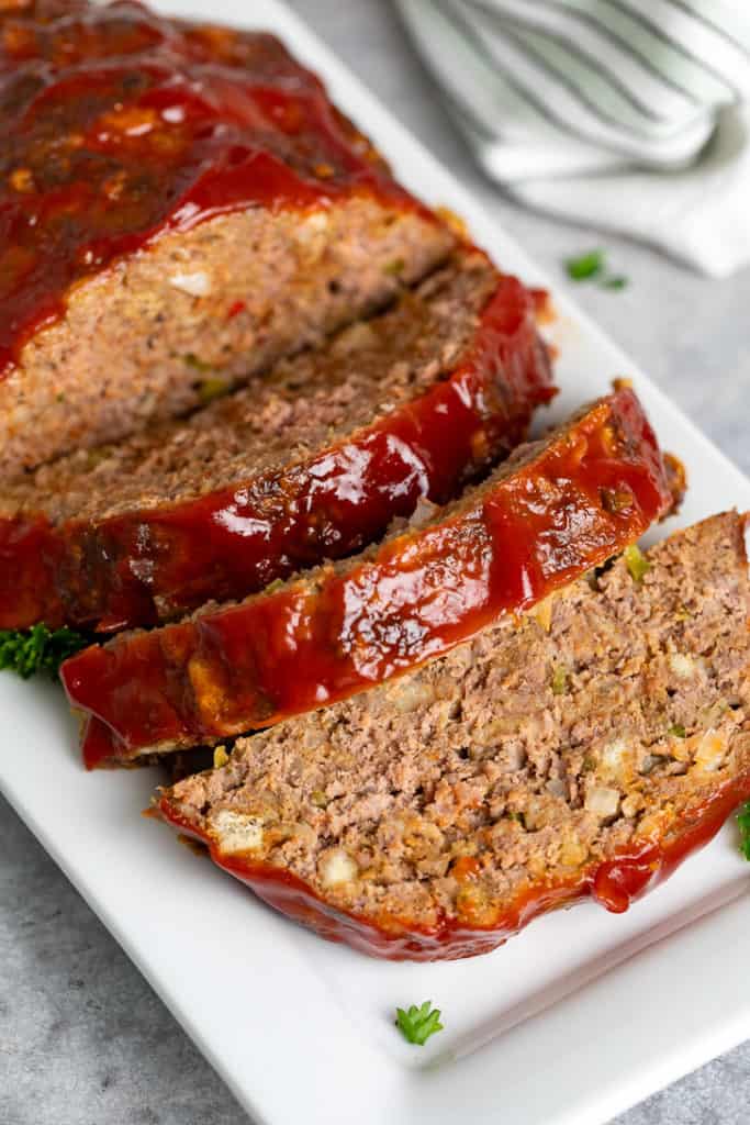 Top down view of sliced meatloaf.