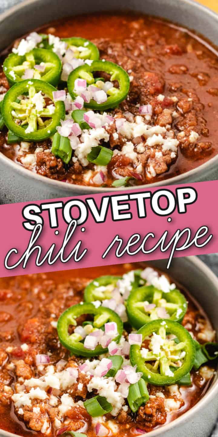 Close up photos of two bowls of chili with toppings.