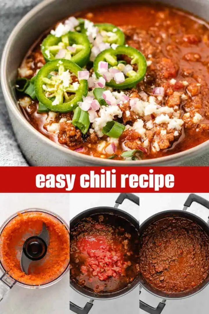 Collage showing how to make chili.