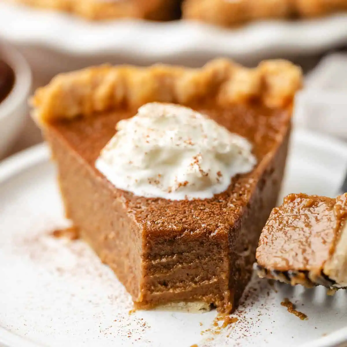 Close up view of a bite taken out of apple butter pie.