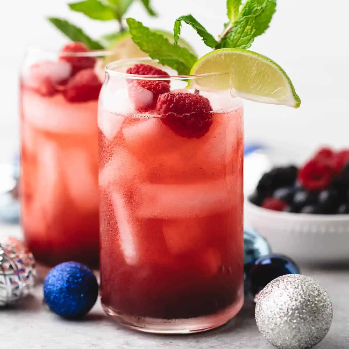 Close up view of a holiday drink in a tall glass.