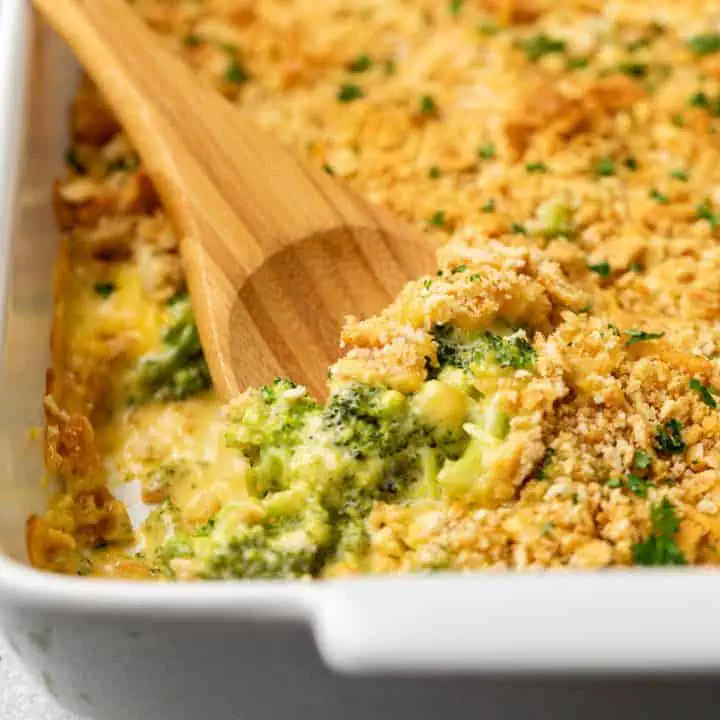 Velveeta broccoli casserole in a casserole dish.