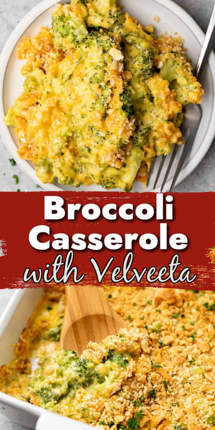 Two photos of broccoli and cheese casserole in a collage.