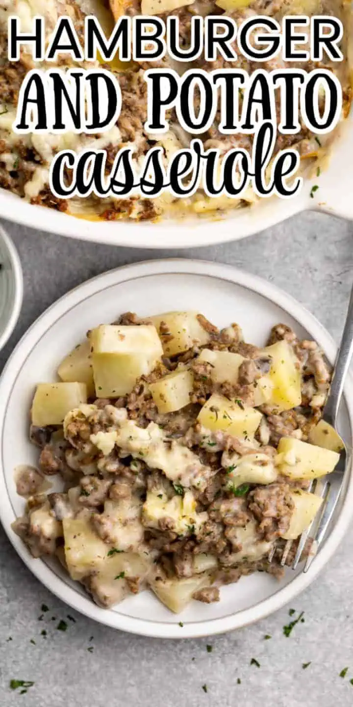 Top down view of a plate of potatoes and seasoned beef with cheese.