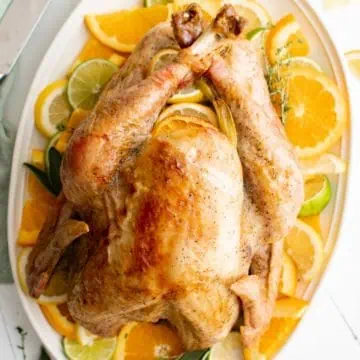 Top down view of a citrus turkey on a platter.