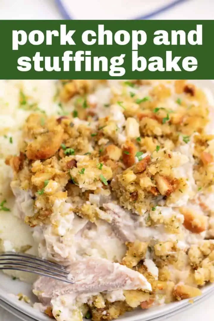 Pork chops, stuffing, and mashed potatoes on a plate.