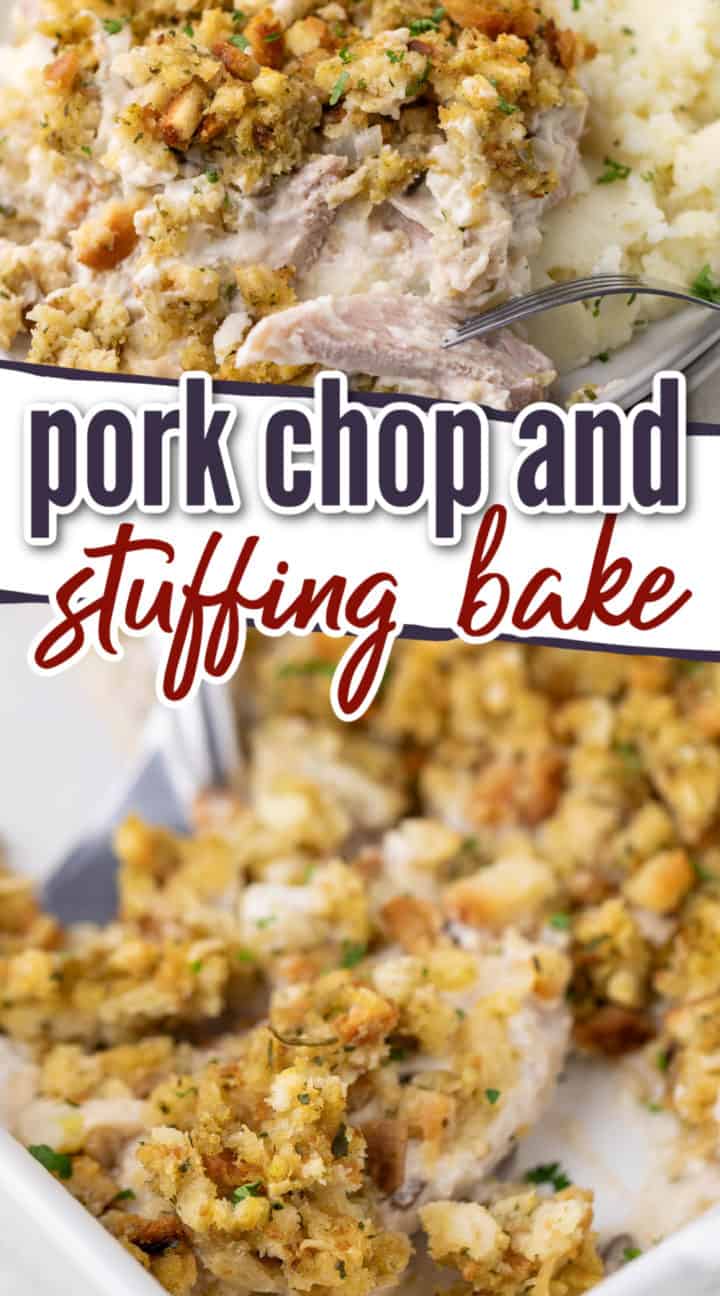 Two photos of stuffing and pork chops in a collage.