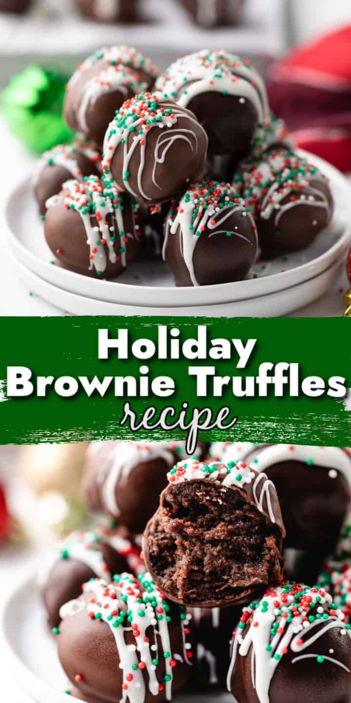 Two photos of brownie truffles in a collage.