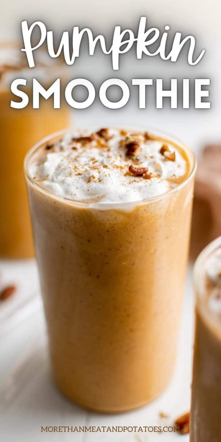 Pumpkin smoothie topped with whipped cream and nuts.