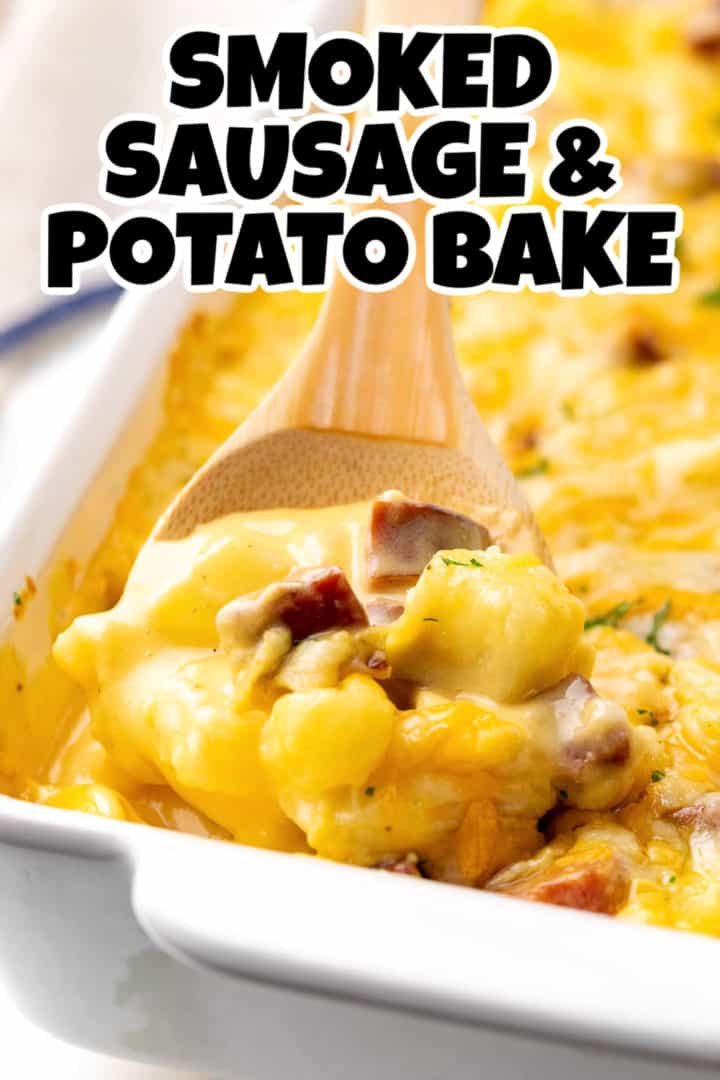 Potatoes in cheese sauce with sausage.
