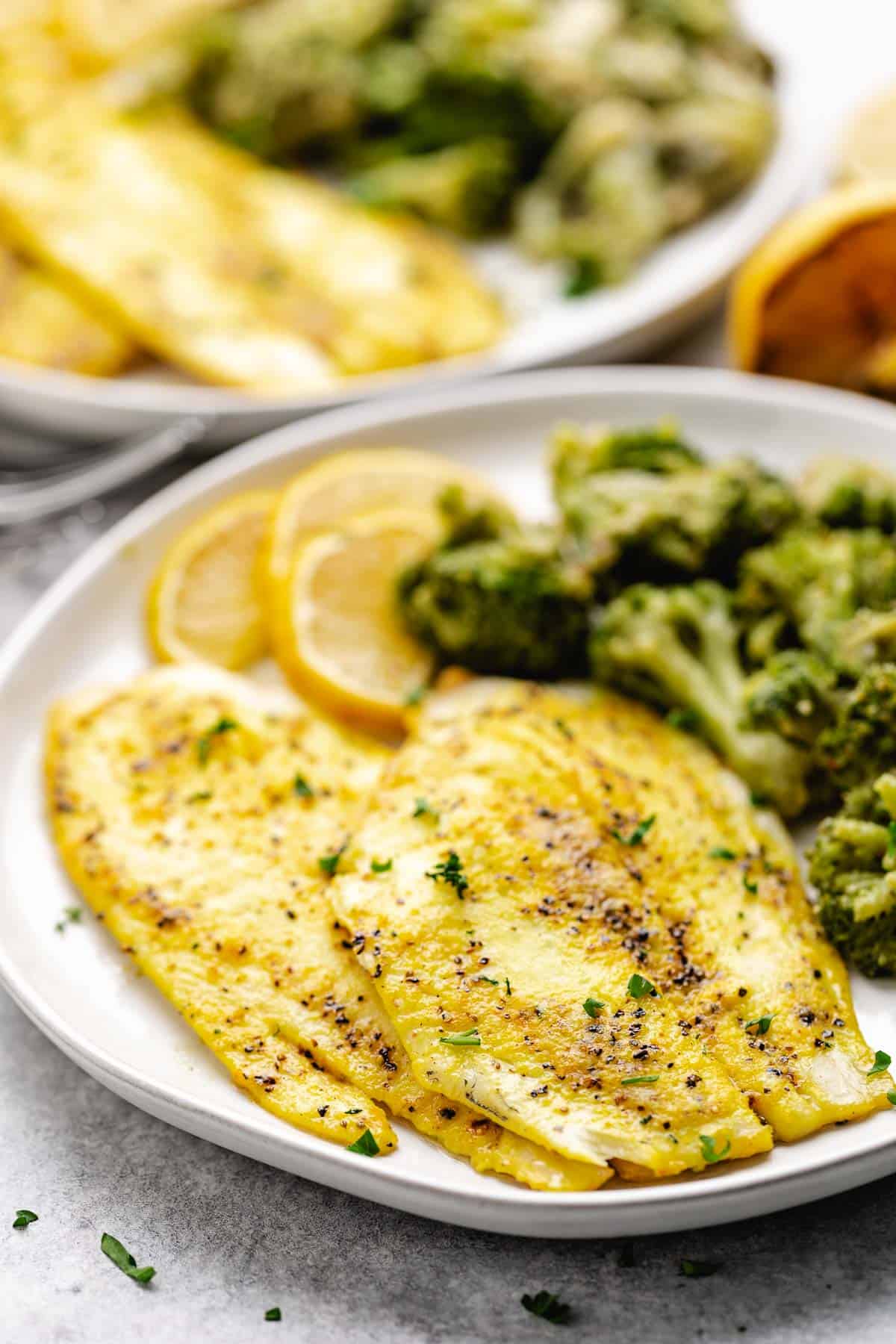 Close up view of baked flounder with lemon pepper on a white plate.
