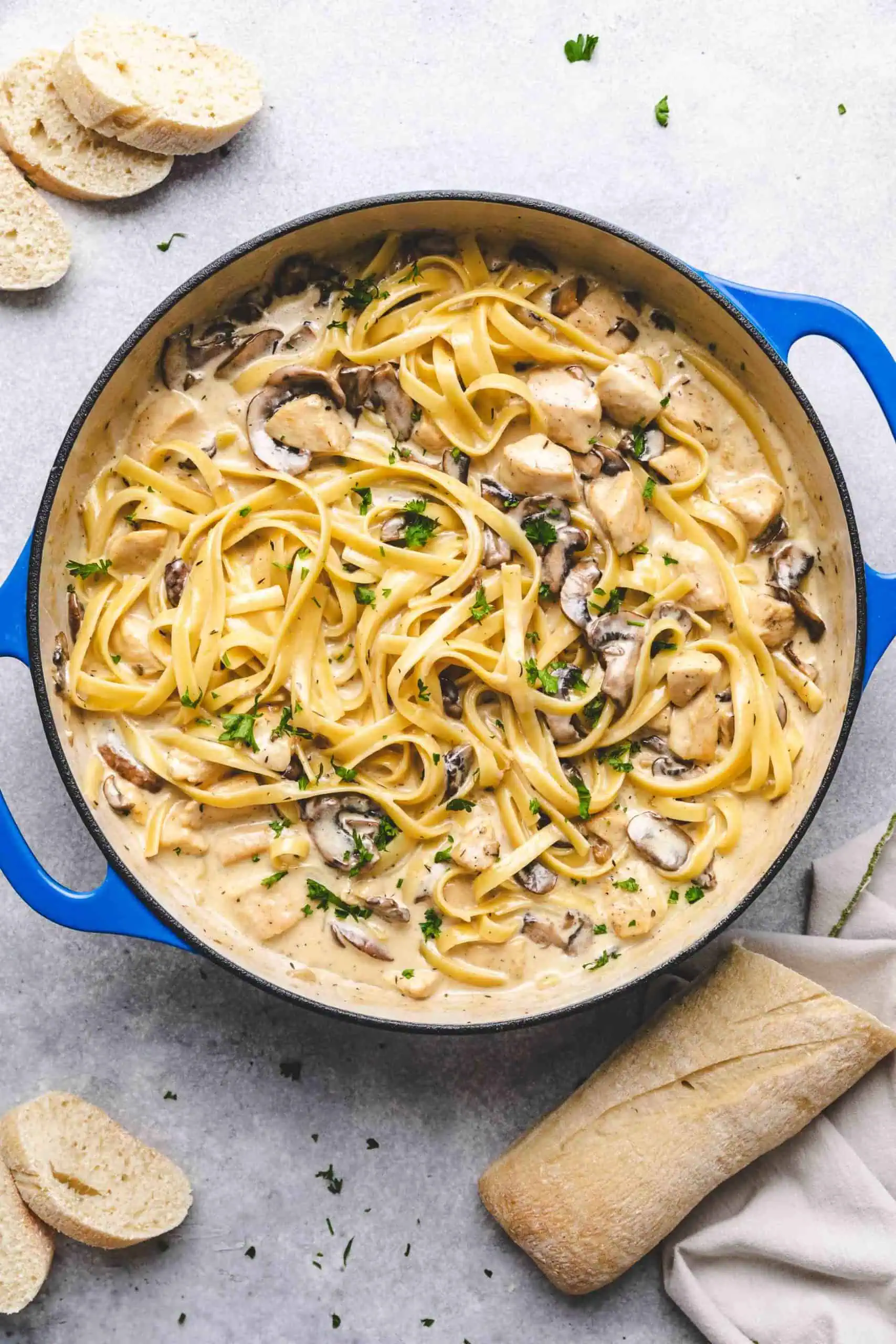 Parsley sprinkled over mushroom and chicken pasta.