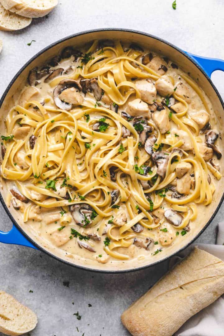 Close up view of chicken and mushroom pasta in a pan.