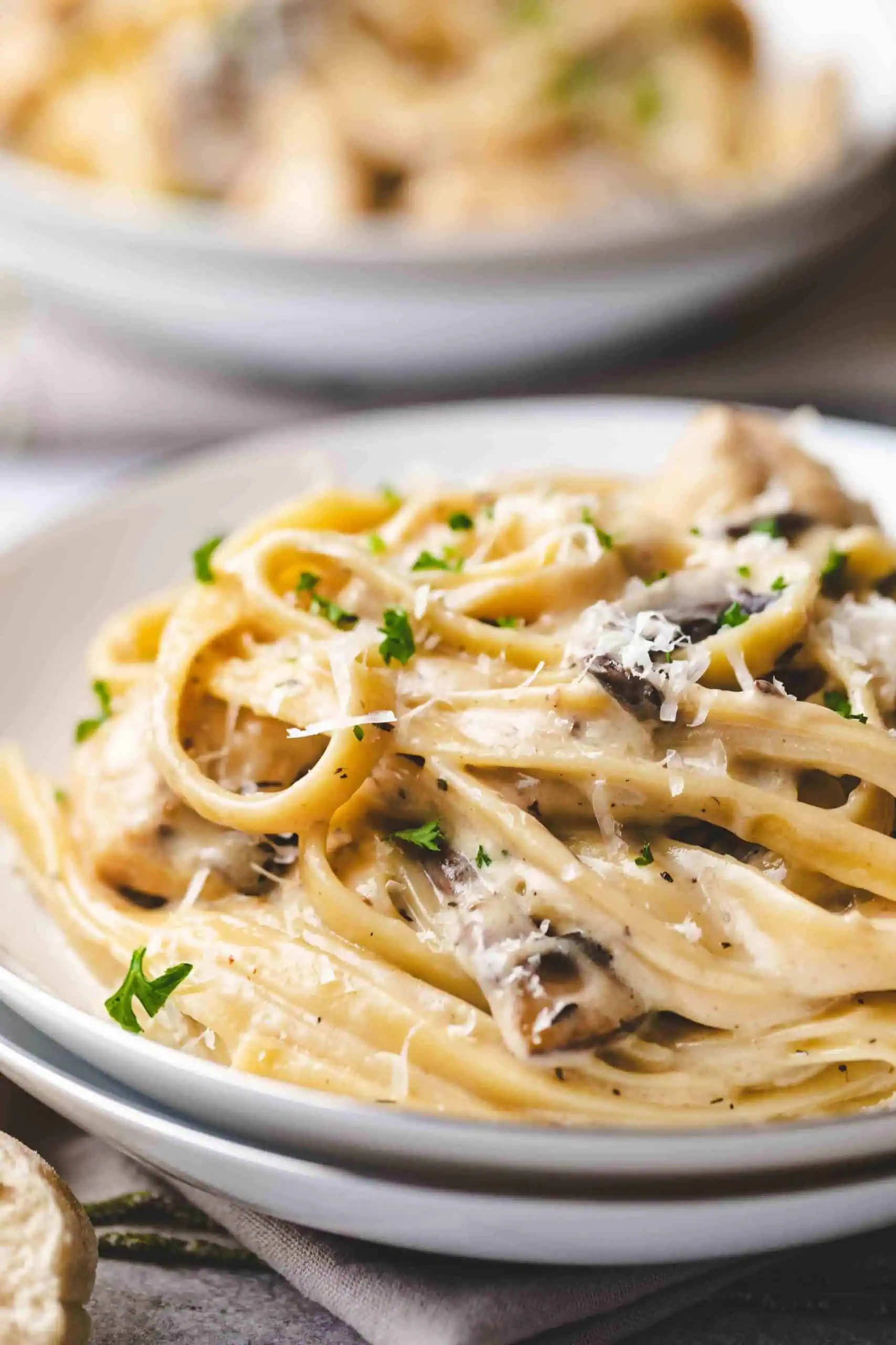 Bowl of pasta on a folder napkin.