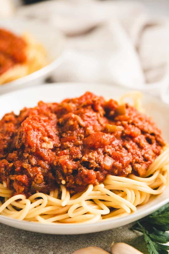 Side view of a plate of spaghetti sauce on top of noodles.