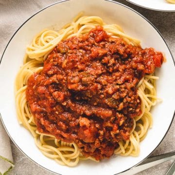 Top down view of spaghetti sauce with beef.