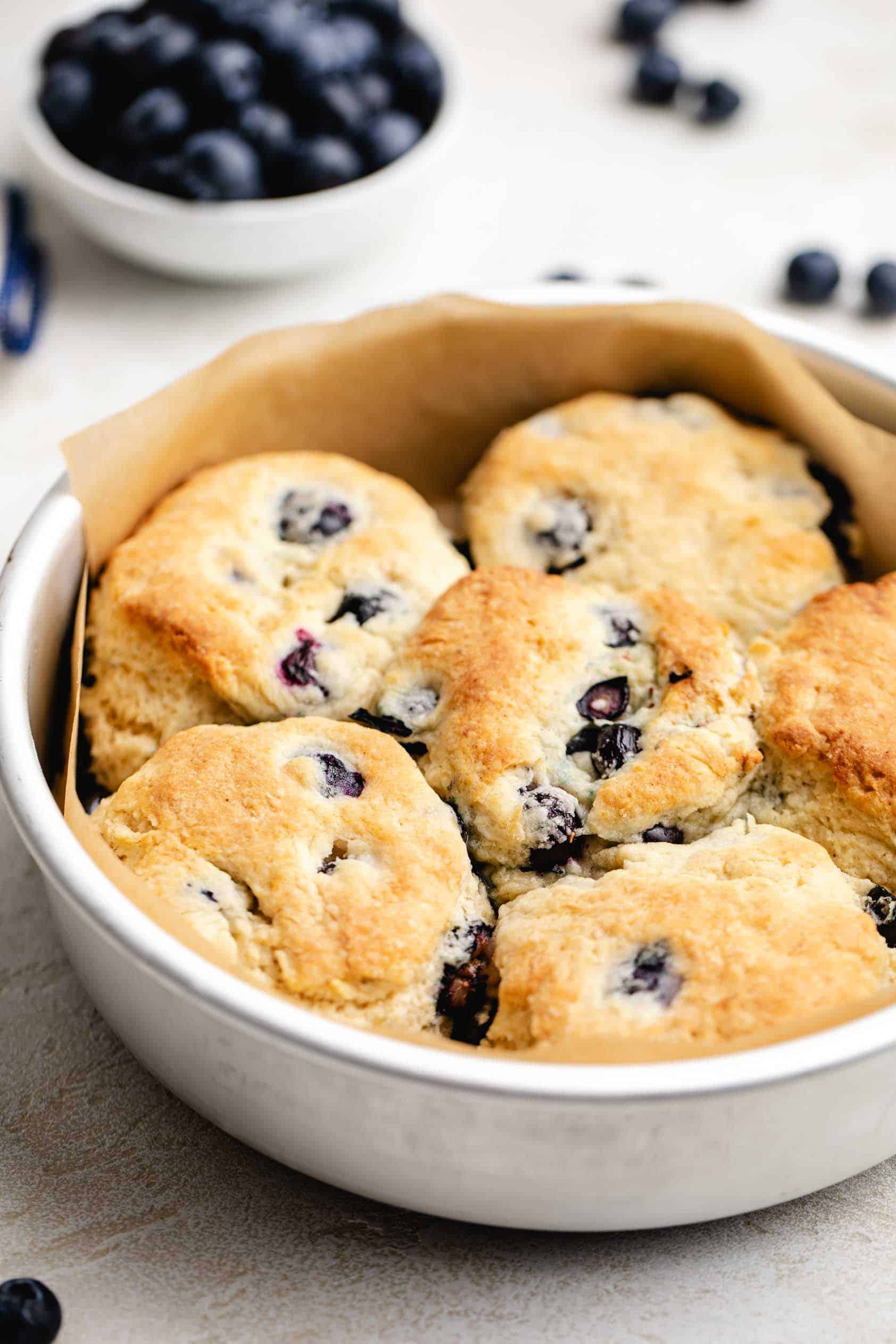 Blueberry biscuits in a pan.