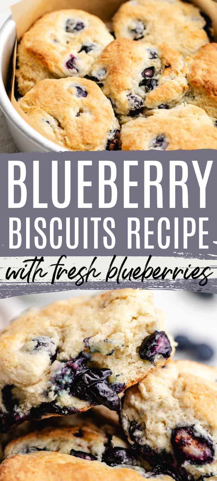 Two photos of blueberry biscuits in a collage.