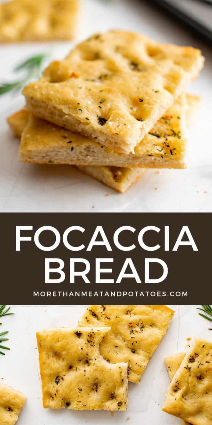 Two photos of sliced focaccia bread in a collage.