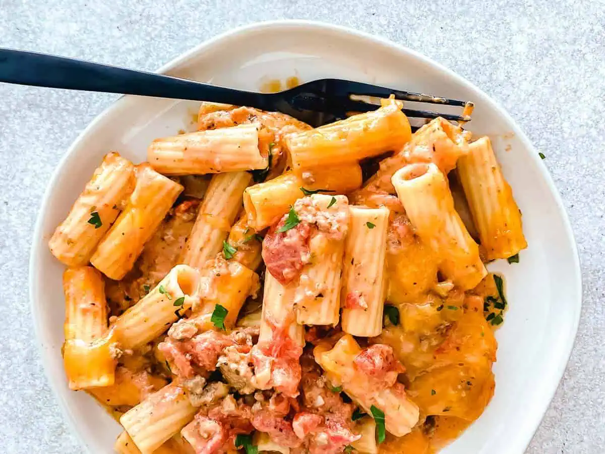 Beef and tomato casserole next to a black fork.