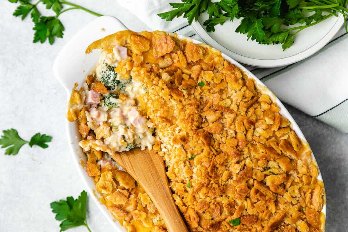 Ham casserole with broccoli and ritz crackers.