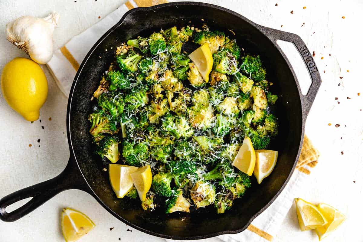 Sauteed broccoli with garlic in cast iron.