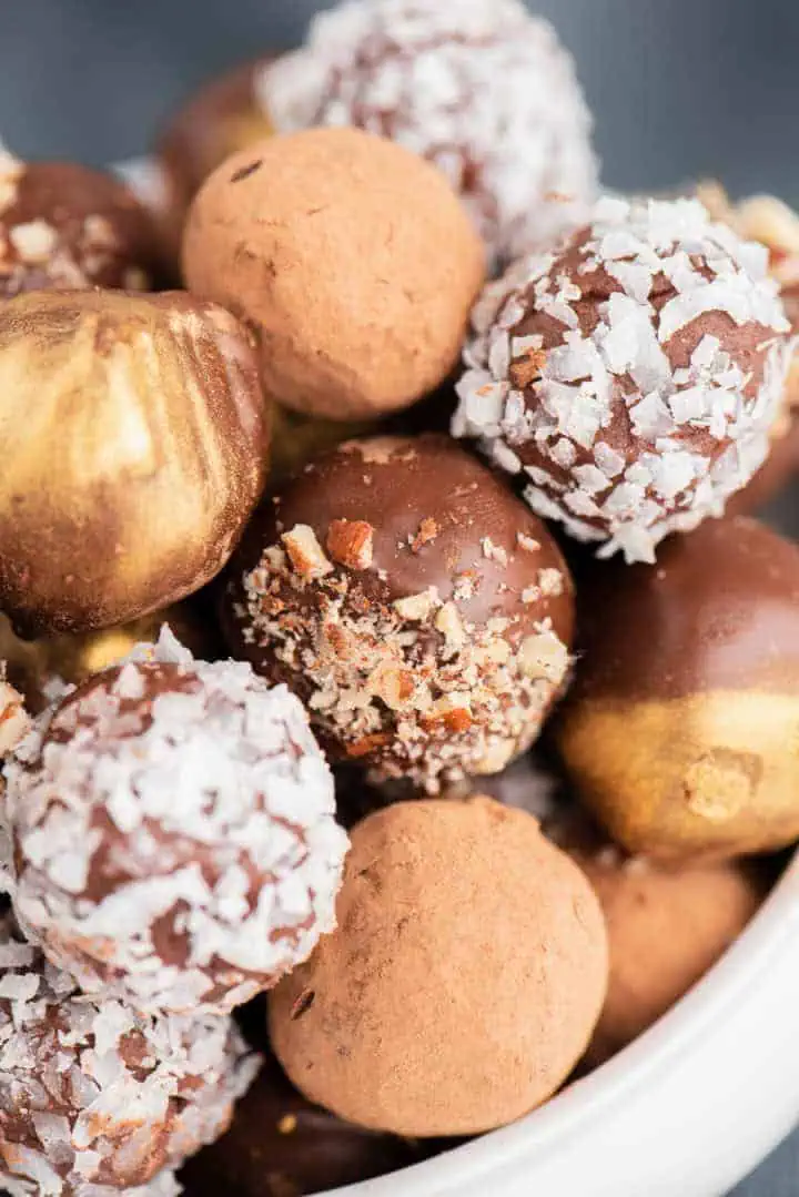 Close up view of truffles in a bowl.