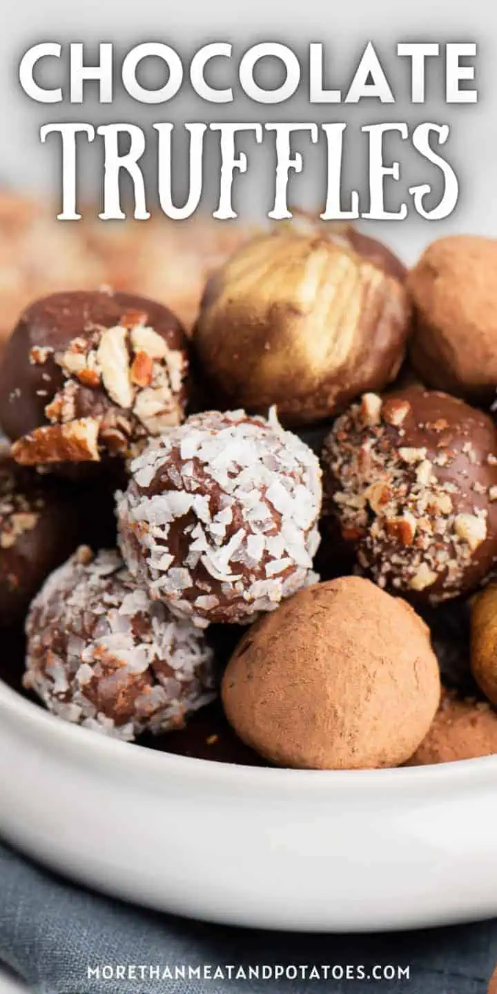 Chocolate rolled candies in a white bowl.