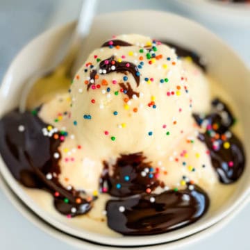 Vanilla custard ice cream with hot fudge.