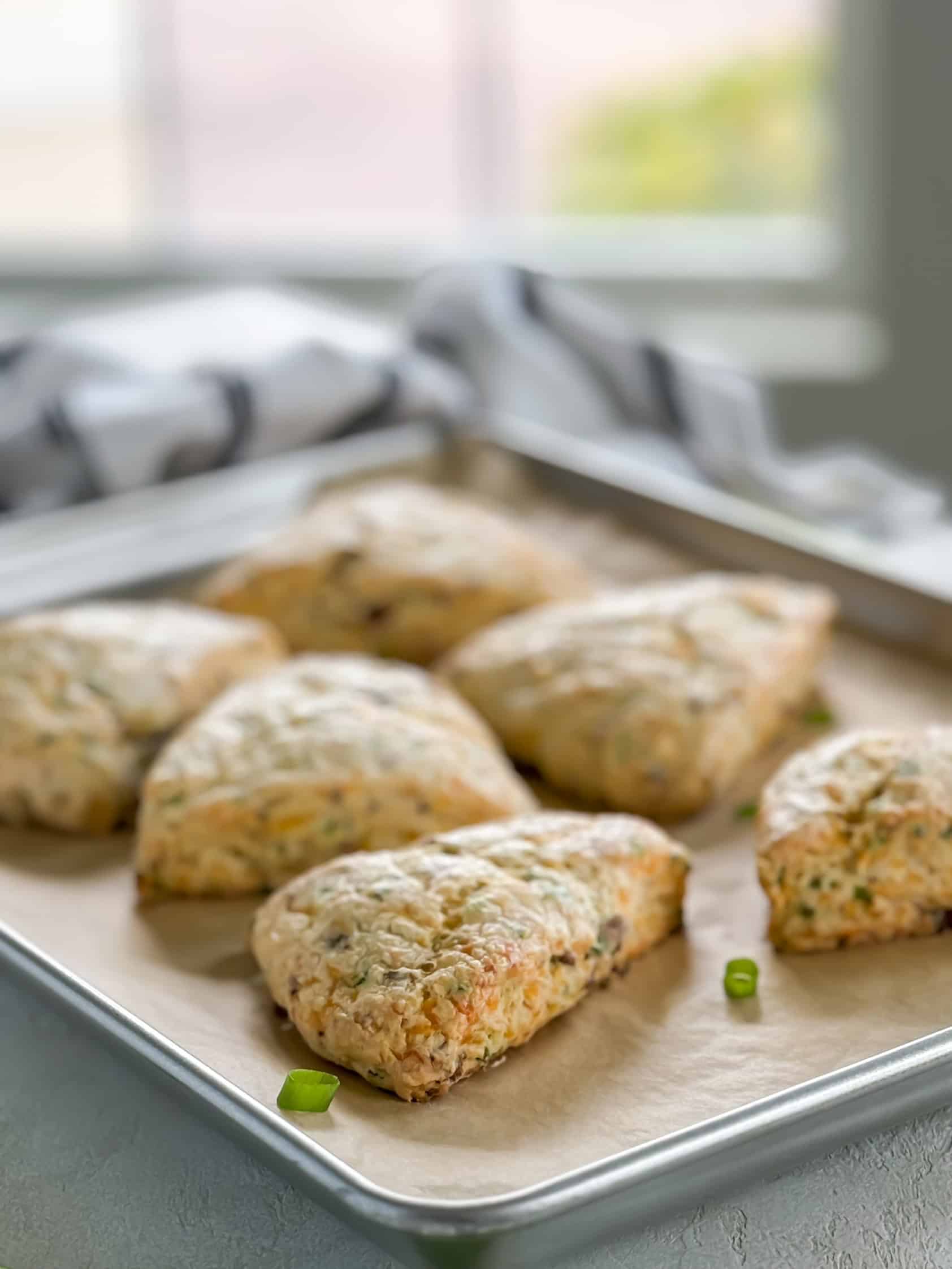 Overhead view of bacon cheddar scones on a baking tray with parchment paper, garnished with green onion slices.