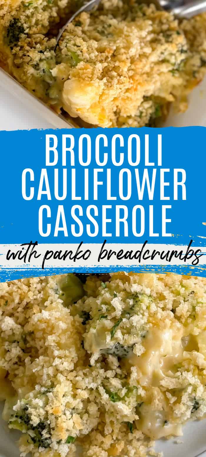 A close-up of a serving of creamy broccoli and cauliflower casserole topped with crispy panko breadcrumbs.