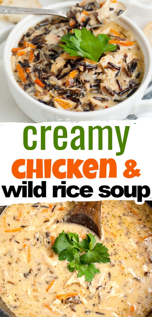 Collage showing two photos of creamy chicken and wild rice soup.