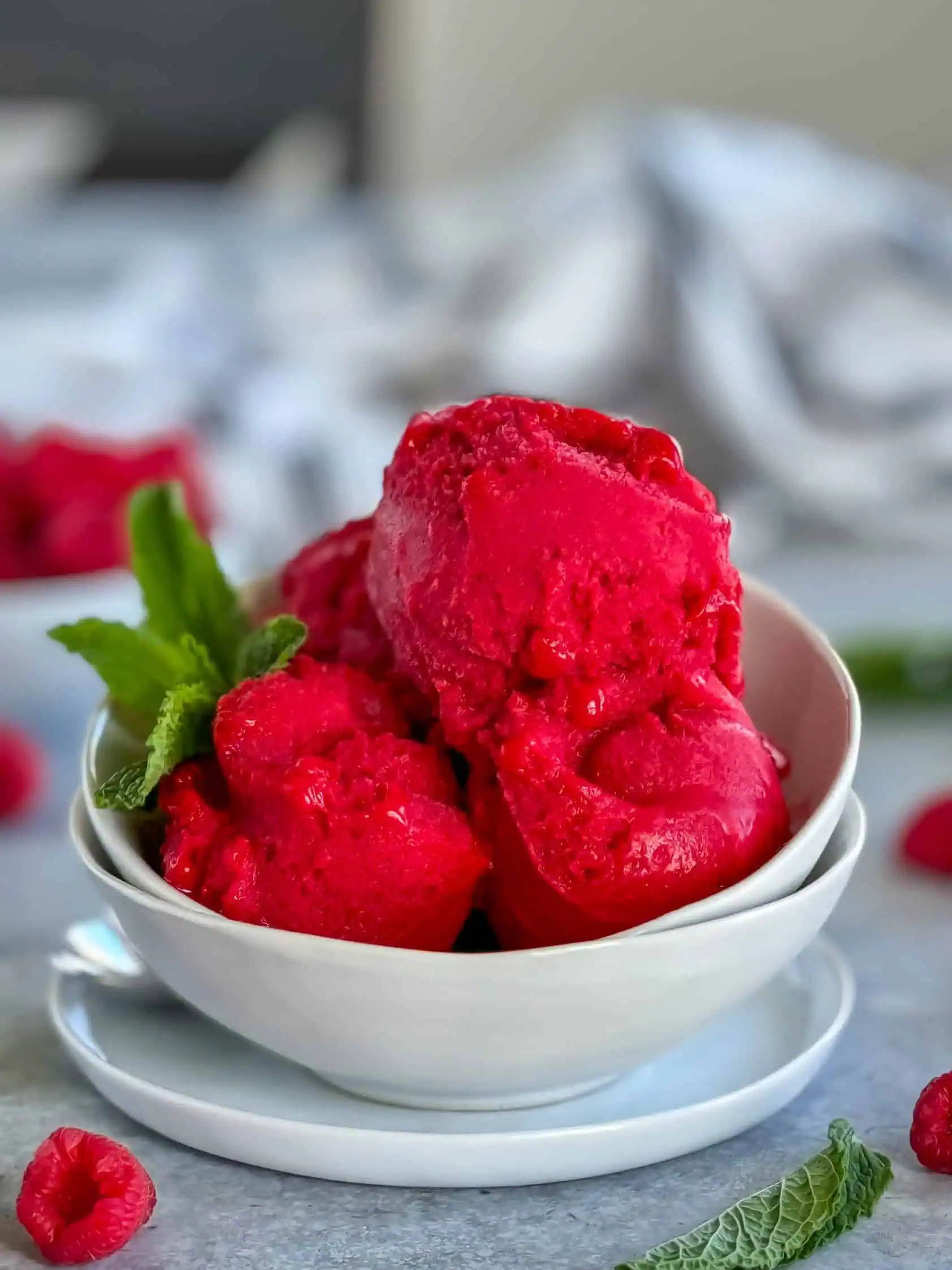 Close-up of raspberry sorbet scoops in a bowl, garnished with fresh mint leaves, surrounded by raspberries and mint leaves on a light gray surface.