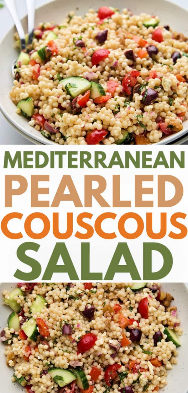 A bowl of summer couscous salad with Israeli couscous, cherry tomatoes, cucumber, olives, and feta cheese, topped with fresh mint and basil.