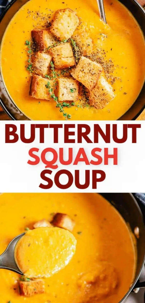 Golden butternut squash soup, rich in flavor and ideal for a fall soup butternut squash dish, topped with crunchy croutons.