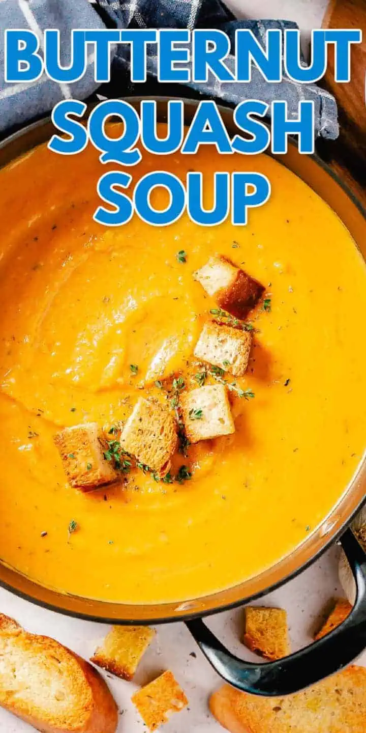 Creamy butternut squash soup with a smooth texture and herb garnish, perfect for a simple butternut squash soup recipe.