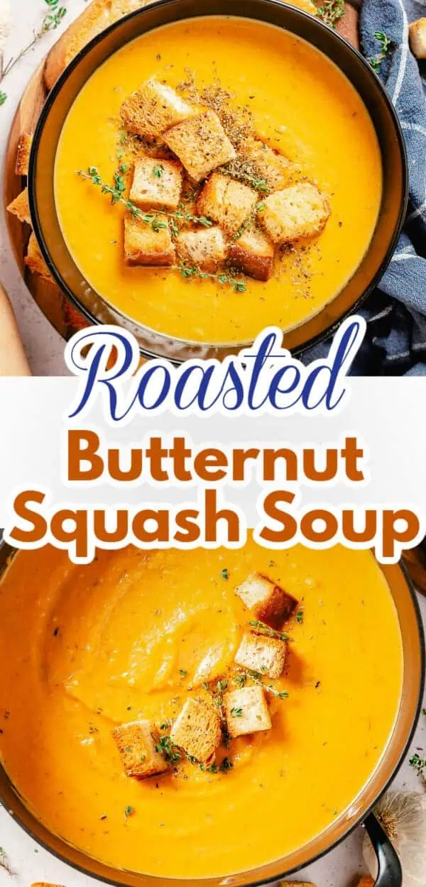 A vibrant bowl of roasted butternut squash soup topped with croutons, capturing the essence of a cozy fall soup recipe.