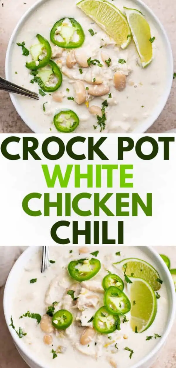 A bowl of creamy slow cooker white chicken chili garnished with fresh lime wedges and jalapeño slices, a perfect fall crockpot recipe for hearty chicken crockpot meals.