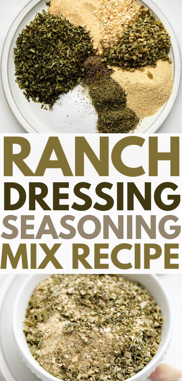 A small white bowl filled with a blend of dried herbs and spices, used to make homemade ranch dressing mix, set on a light-colored plate with a spoon and cloth napkin.